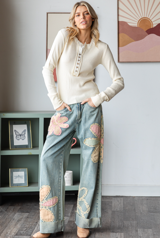 WASHED FLOWER PATCH DENIM – Mandarina Boutique PR