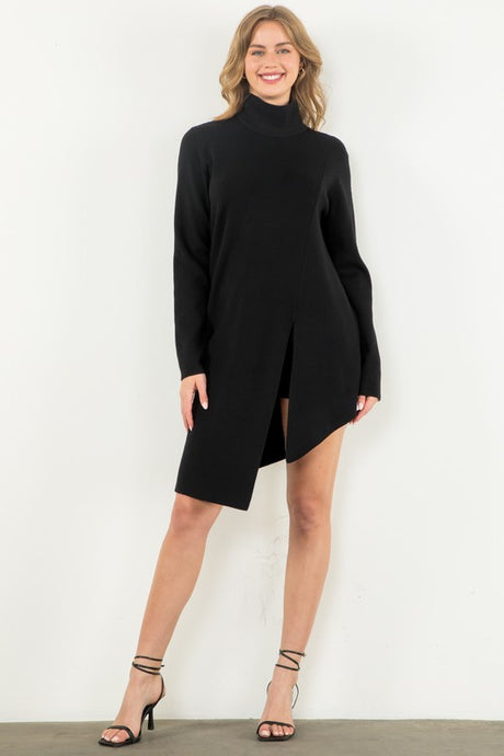 TURTLENECK SLIT SWEATER DRESS