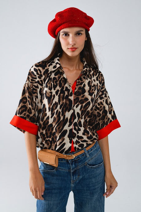 ANIMAL PRINT RED TRIM SHIRT