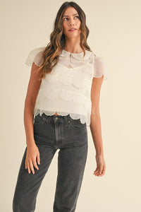 SCALLOP EMBROIDERED ORGANZA BLOUSE TOP