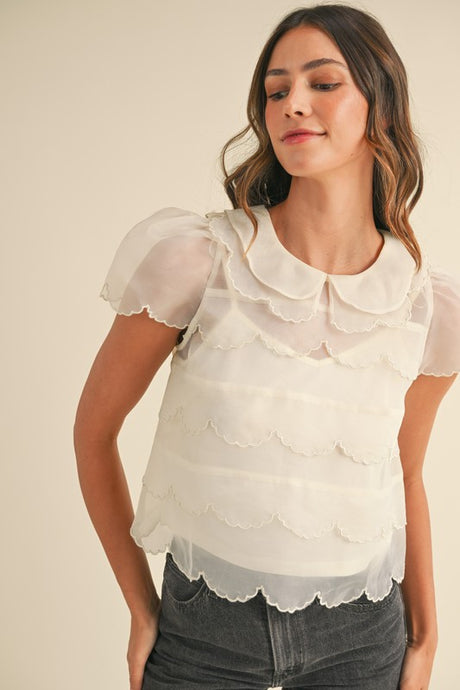 SCALLOP EMBROIDERED ORGANZA BLOUSE TOP