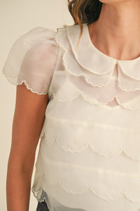 SCALLOP EMBROIDERED ORGANZA BLOUSE TOP