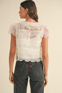 SCALLOP EMBROIDERED ORGANZA BLOUSE TOP