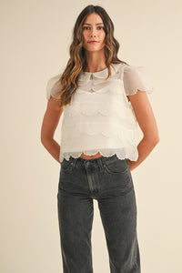 SCALLOP EMBROIDERED ORGANZA BLOUSE TOP