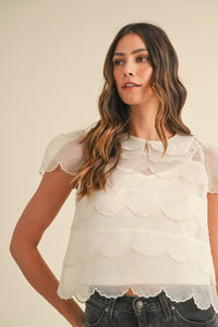 SCALLOP EMBROIDERED ORGANZA BLOUSE TOP