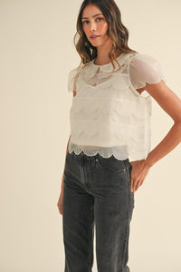 SCALLOP EMBROIDERED ORGANZA BLOUSE TOP