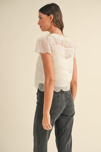 SCALLOP EMBROIDERED ORGANZA BLOUSE TOP