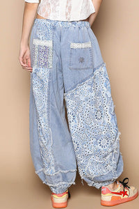 Floral print patchwork twill jogger pants