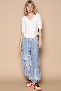 Floral print patchwork twill jogger pants