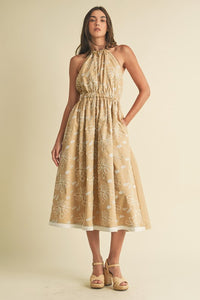 EMBROIDERED HALTER MIDI DRESS