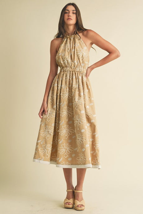 EMBROIDERED HALTER MIDI DRESS