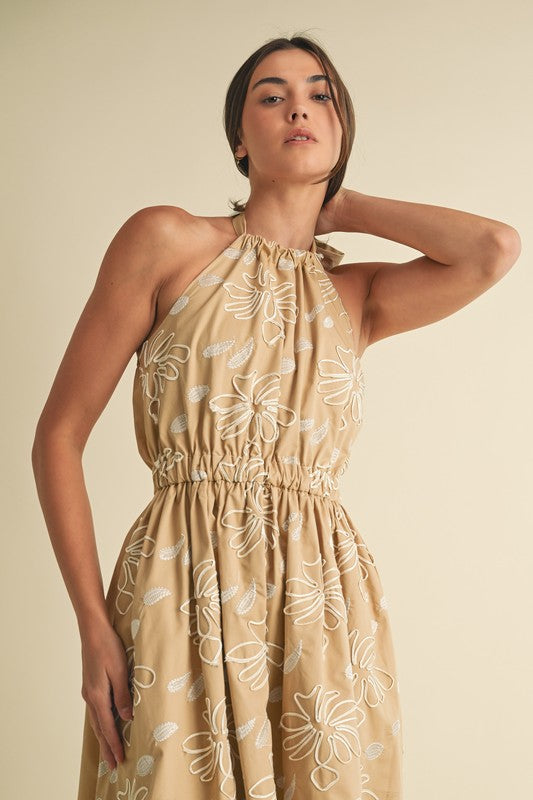 EMBROIDERED HALTER MIDI DRESS