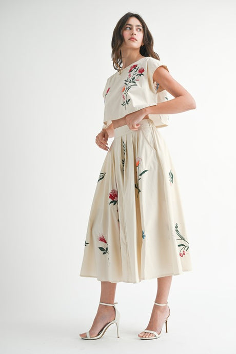 Floral Embroidered Crop Top And Midi Skirt Set