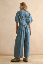 Load image into Gallery viewer, Waist-hugging Denim Button Down Jumpsuit