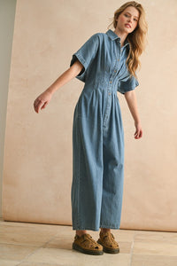 Waist-hugging Denim Button Down Jumpsuit