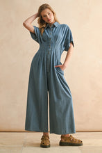 Load image into Gallery viewer, Waist-hugging Denim Button Down Jumpsuit