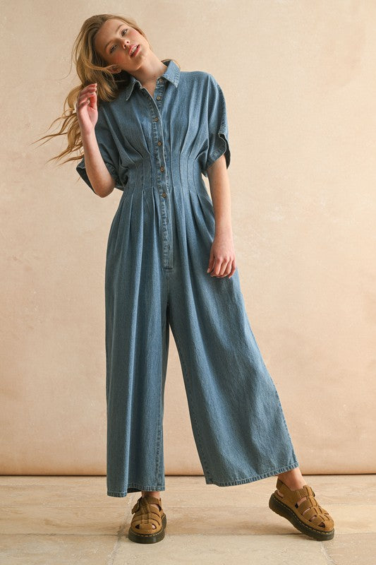 Waist-hugging Denim Button Down Jumpsuit