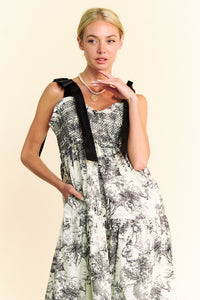 SMOCKED BODICE RETRO PRINT B&W DRESS