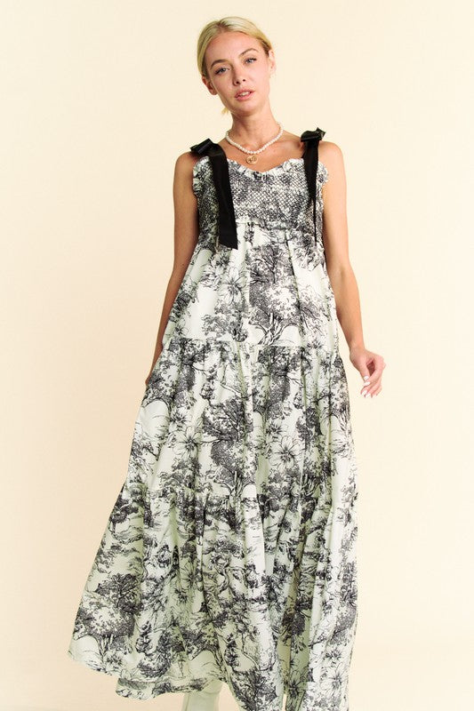 SMOCKED BODICE RETRO PRINT B&W DRESS